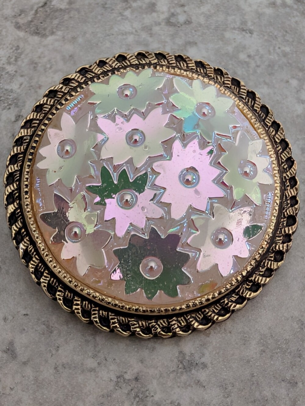 Vintage Western Germany Iridescent Floral Art Glass Scarf Clip/Ring
